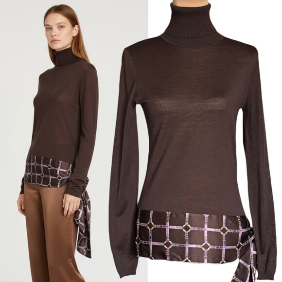 Bally Switzerland Turtleneck Sweater Sz 6 Brown Wool Silk Sash Luxury Old Money - Picture 1 of 15